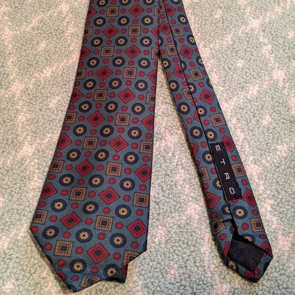 Etro tie Green teal, red, and blue geometric